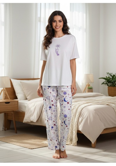 Penye Galaksi Desenli Pijama Seti Rahat Kesim, Yumuşak Dokulu Bej