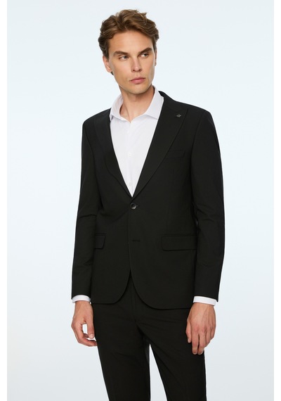 Morven Erkek Siyah Poliviskon Basic Düz Slim Fit Sivri Yaka Takım Elbise 26mc001078001 Siyah