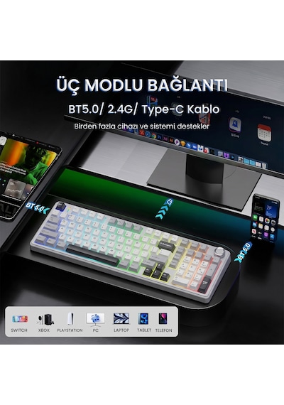 Aula F99 Pro 3 Modlu Rgb Hot Swap Mekanik Star Vector Switch Kablosuz Makrolu Klavye Gri