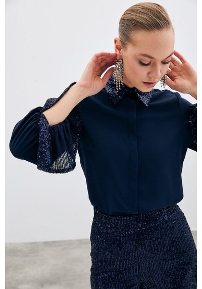 Sateen Payet Detaylı Gömlek - Lacivert