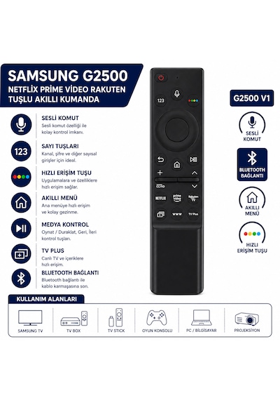 Samsung Uyumlu G2500 V1 Akıllı Tv Kumandası Sesli Komut, Netflix, Prime Video, Rakuten Tv, Bluetooth
