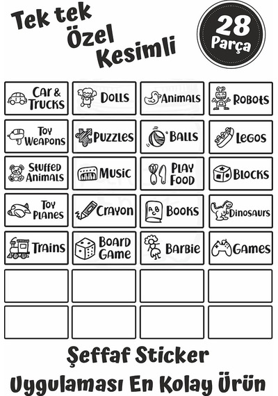MSticker Oyuncak Kutusu Sticker-Organizer Etiket-Şeffaf Baskılı 28 Adet
