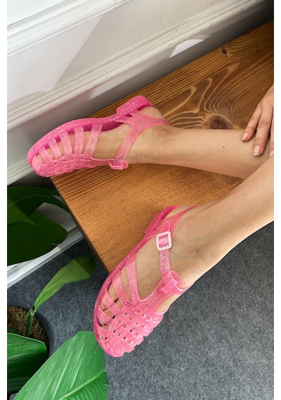 Ruby Simli Pembe Kemer Detay Kadın Sandalet Simli Pembe