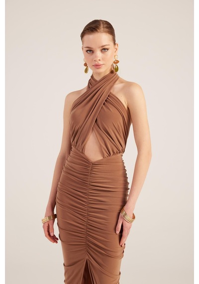 Holly Lolly Drape Detaylı Sırtı Açık Yırtmaçlı Uzun Marie Elbise Kahve