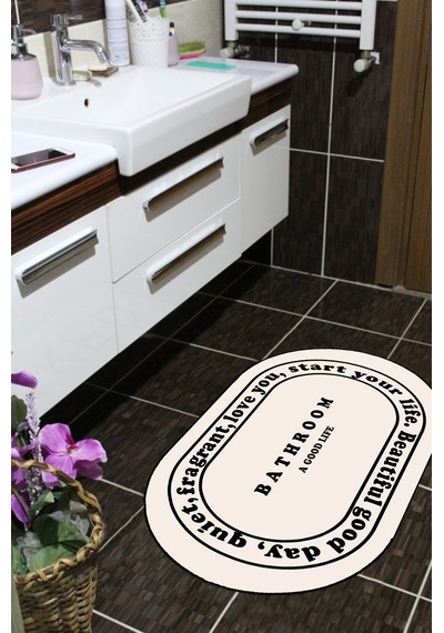 Bathroom Yazılı, Yazılı Banyo Paspası, Dekoratif Paspas, 60x100 Krem