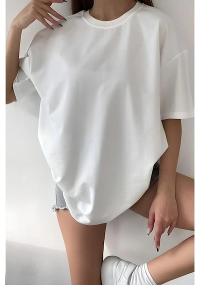 Unisex Oversize Düz Beyaz T-shirt BEYAZ
