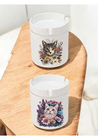 Çiçekler Kedi Baskılı 2'li Küllük - Ofis Kül Tablası, Modern Küllük, Lüks Küllük, Küllükler