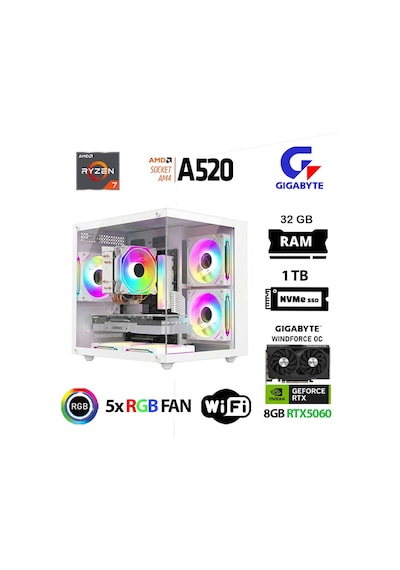 Xaser Giga X40 R7-5700X 32 GB 1 TB M.2 Nvme SSD 8 GB RTX5060 Free Dos Oem Paket Masaüstü Oyuncu Bilgisayarı