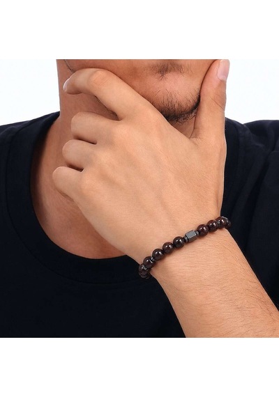 Tesbihane Lal Doğaltaş Erkek Bileklik - Hematit Kombinli - Küre Kesim - Siyah Renk