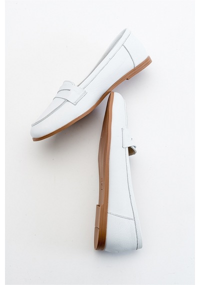 Luvishoes F02 Beyaz Cilt Kadın Babet Beyaz