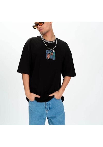 Flood Of Style Erkek Siyah Future Baskılı Oversize Bisiklet Yaka Tshirt