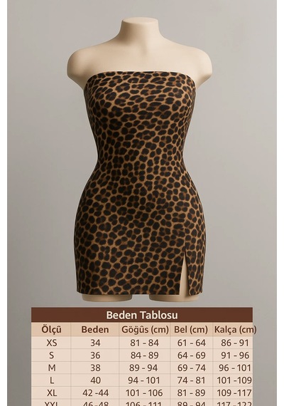 Fiolin Kadın Leopar Desenli Straplez Yırtmaçlı Mini Elbise