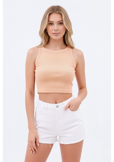 Zedefx Kadın Halter Yaka Pencere Detaylı Crop Bluz Turuncu