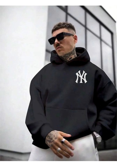Startmore Erkek Beyaz Ön Arka Ny Baskılı Kapüşonlu Sweatshirt Onarkanysweatshirt Siyah