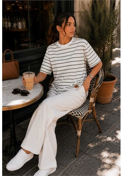Tenra Kadın Beyaz Çizgili Oversize Kısa Kol Basic Tunik Tişört Yeşil