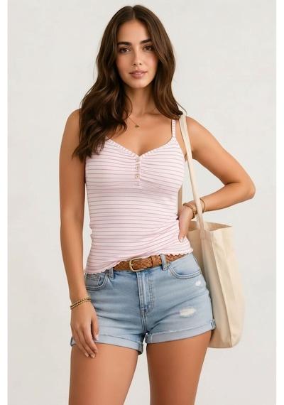 Mamayaga Kadın Yazlık Askılı Önü Düğmeli Çizgili Esnek Curve Uyumlu Spor Şık Casual Bluz Pembe