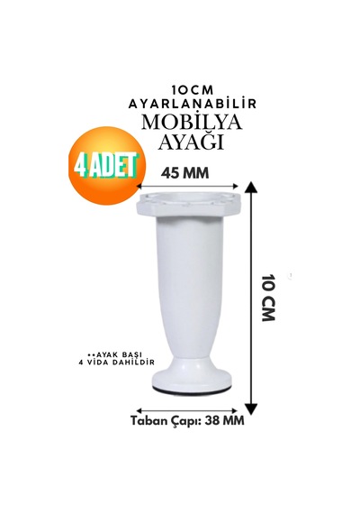 Yonca Beyaz Mobilya Ayağı 10 Cm - Ayarlanabilir Plastik Kanepe Sehpa Dolap Baza Tezgah Ayağı 4'lü Set Beyaz Beyaz
