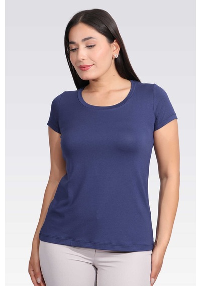 Tolga Saraçoğlu Minimalist Yuvarlak Yaka Kısa Kol Kadın T-shirt - Günlük Kullanım İndigo