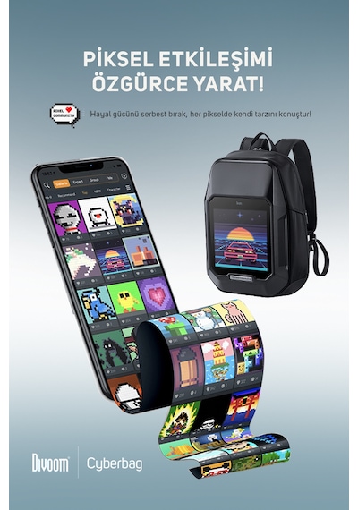 Divoom Pixoo Cyberbag Siyah Piksel Led Ekranlı Sırt Çantası Siyah