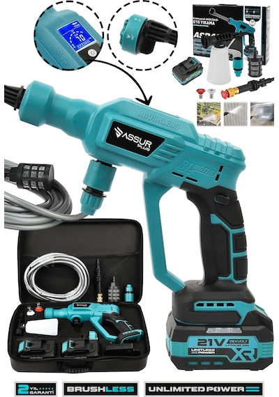 Assur Plus 21V Kömürsüz Motor Yüksek Basınçlı Akülü Oto Araba Yıkama Makinesi Şarjlı - 2853