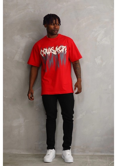 Barlashive Erkek Baskılı T-shirt Kısa Kol Bisiklet Yaka Rahat Kalıp Tişört - Kırmızı Çok Renkli