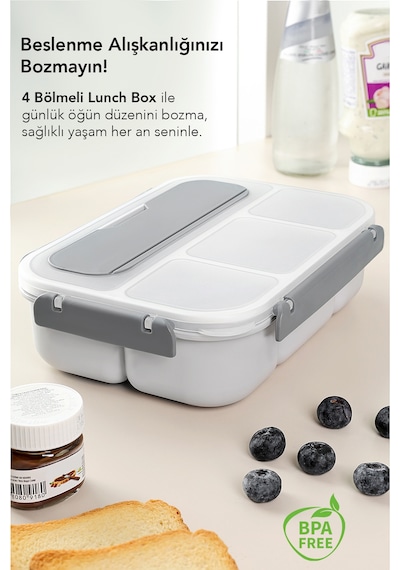 Sızdırmaz Contalı Yemek Kabı - 4 Bölmeli Çatal Kaşıklı Diyet Beslenme Kutusu Lunch Box Gri Gri