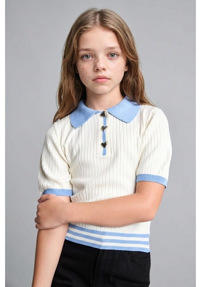 Defacto Regular Fit Kısa Kollu Fitilli Polo Yaka Kazak Kız Çocuk I1714a826auwt34 Beyaz-wt34