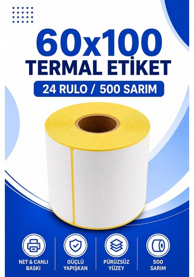 60x100mm Termal Etiket 24 Rulo 500 Sarım Ribonsuz Kargo, Lojistik, Depo Yapışkanlı 1