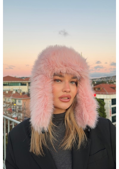Mollycrush Luxury Kadın Pembe Uzun Tüylü Suni Kürklü Peluş Tüylü Pilot Şapka Pembe