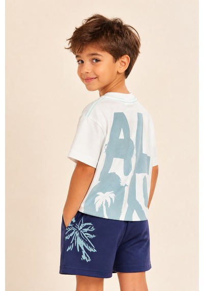 Eray Alp Kids Erkek Çocuk Baskılı Tişört Şort Takımı Yazlık Günlük Model Beyaz