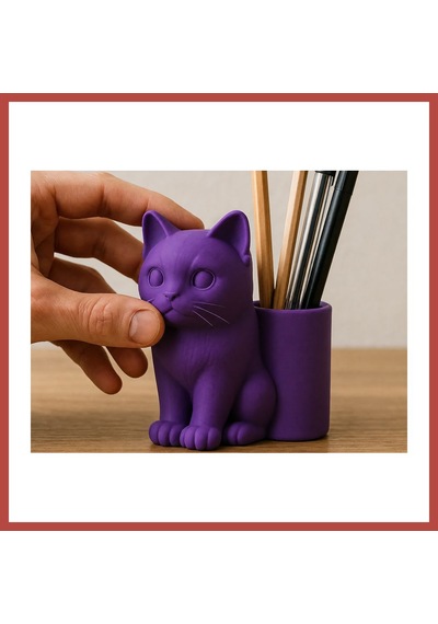 Bezos 3d Baskı Kedi Figürlü Kalemlik - Masaüstü Organizer - Mor Erdotıca