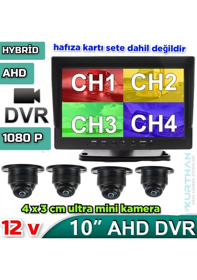 Dvr 10'' Ekran + 4 Ad Ahd 1080p Ultra Mini Kamera Seti 150'' Lens