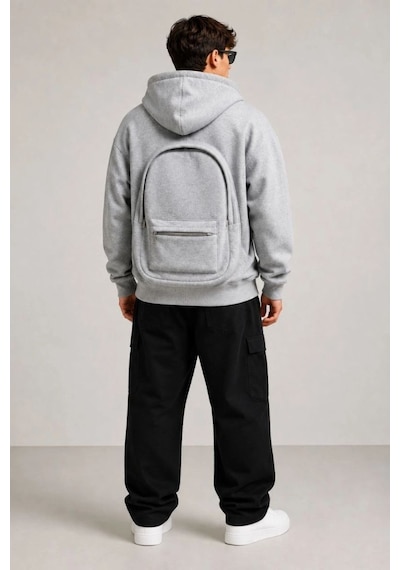 Erkek 3 İplik Şardonlu Tam Fermuarlı Kapüşonlu Arka Çanta Detaylı Sweatshirt - Gri