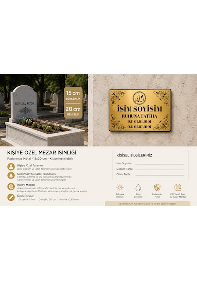 Kişiye Özel Metal Mezar İsimliği 15x20 Cm Paslanmaz Metal Levha Baskılı Mezarlık Levhası