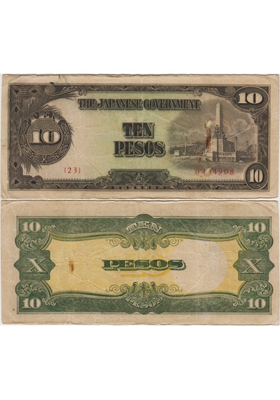Japonya Iı. Dünya Savaşı İşgal Toprakları Filipinler İçin 10 Peso 1943 İkinci Seri. Çok Temiz -