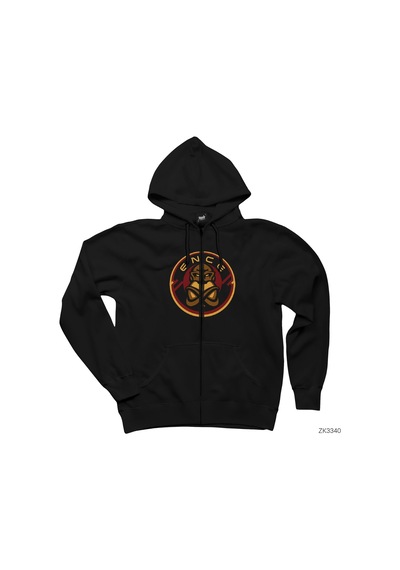 Ence Siyah Fermuarlı Kapşonlu Sweatshirt