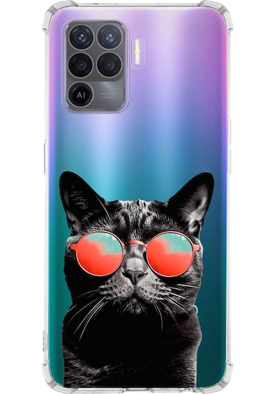 Oppo A94 Uyumlu Kedi 3 Baskılı Şeffaf Köşe Korumalı Antişok Kılıf
