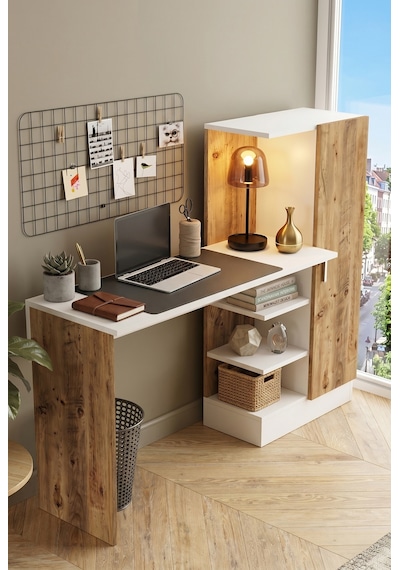 Yurudesign Laura Kitaplıklı Çalışma Masası Atlantik Çam Beyaz CT2