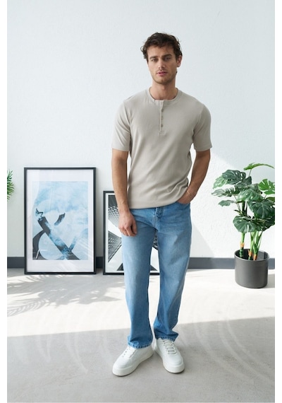 Baselco Premium Henley Yaka Beyaz T-shirt - Rib Dokulu Modern Fit Bej