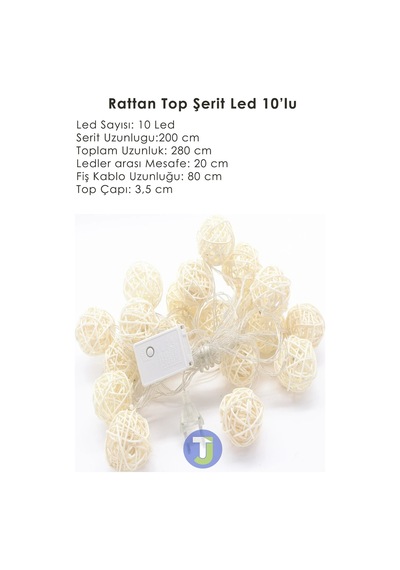 Technojet Dekoratif Rattan Model Fişli Şerit Top Led Yılbaşı Parti Doğum Günü Süsleme 10'lu