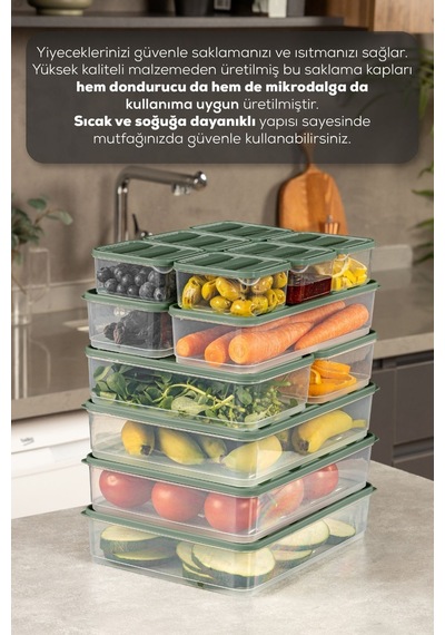 Vienev 13'lü Buzdolabı Dondurucu Organizer + Saklama Kabı Yeşil 6 x 350ml 2x 1,65lt 3x 3,5lt 2x 1,75lt Yeşil