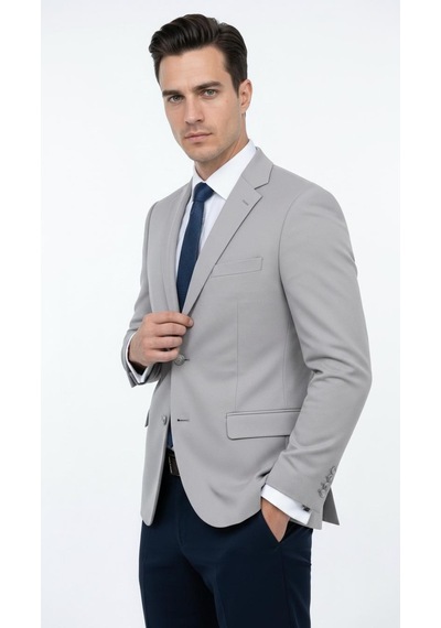 Plus Scorpion Ck 142 Slim Fit Mikro Desenli Erkek Ceket Yazlık Pike Kumaş Çift Yırtmaç Blazer Gri