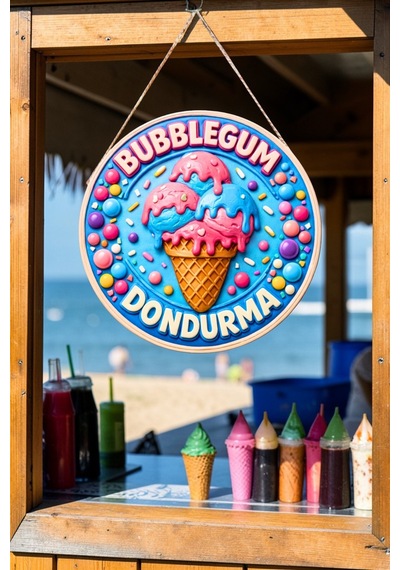 Bubblegum Dondurma Görselli Ahşap İpli Kapı Duvar Süsü Eğlence Merkezi Panosu