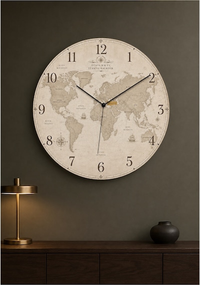 AA Shop Dünya Haritası Desenli Dekoratif Baskılı Ahşap Duvar Saati 45 Cm Sessiz Akar Mekanizma 870 Çoklu Renkli