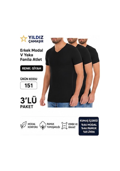 Yıldız Çamaşır Erkek V Yaka Kısa Kol Modal Likralı Fanila Atlet 150-151-152-153 - 3 Adet Siyah