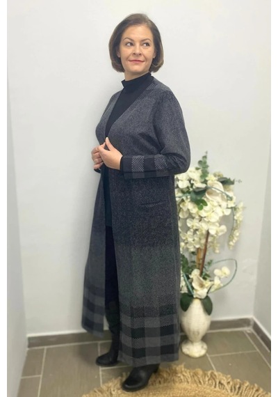 Mia Butik Büyük Beden Siyah Desenli Uzun Hırka Siyah