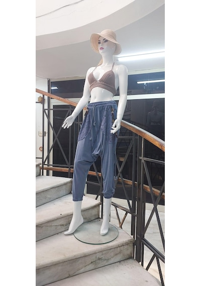 Bohem Stil Kadın Beli Bağlamalı Saçak Detaylı Bohem Şalvar-9241 Kot Mavisi Mavi