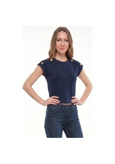 Tudors Kadın Oversize Geniş Kesim Bisiklet Yaka Omzu Düğmeli Likralı Lacivert Viskon Bluz-50870
