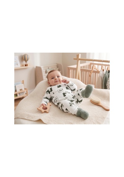Deniva Kids Erkek Bebek Dinozor Desenli Fitilli Kaşkorse Uzun Kollu Çıtçıtlı Tulum - Beyaz 3-6 Ay