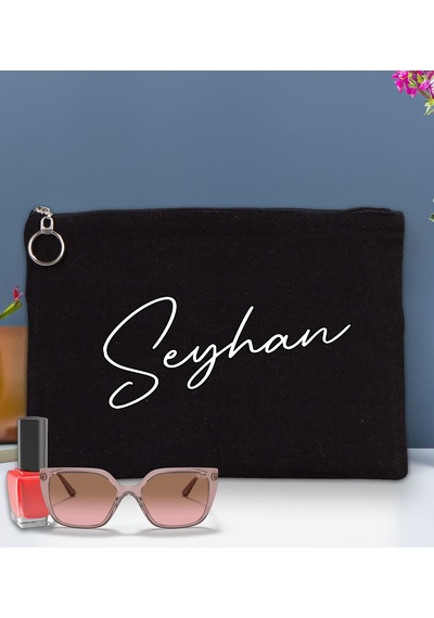 Bk Gift Kişiye Özel İsimli-6 Astarlı Siyah Portföy Çanta 30x21cm, Baskılı El Çantası, Organizer Çanta